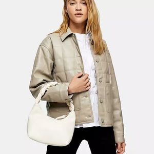 Topshop faux leather boxy quilted jacket in taupe